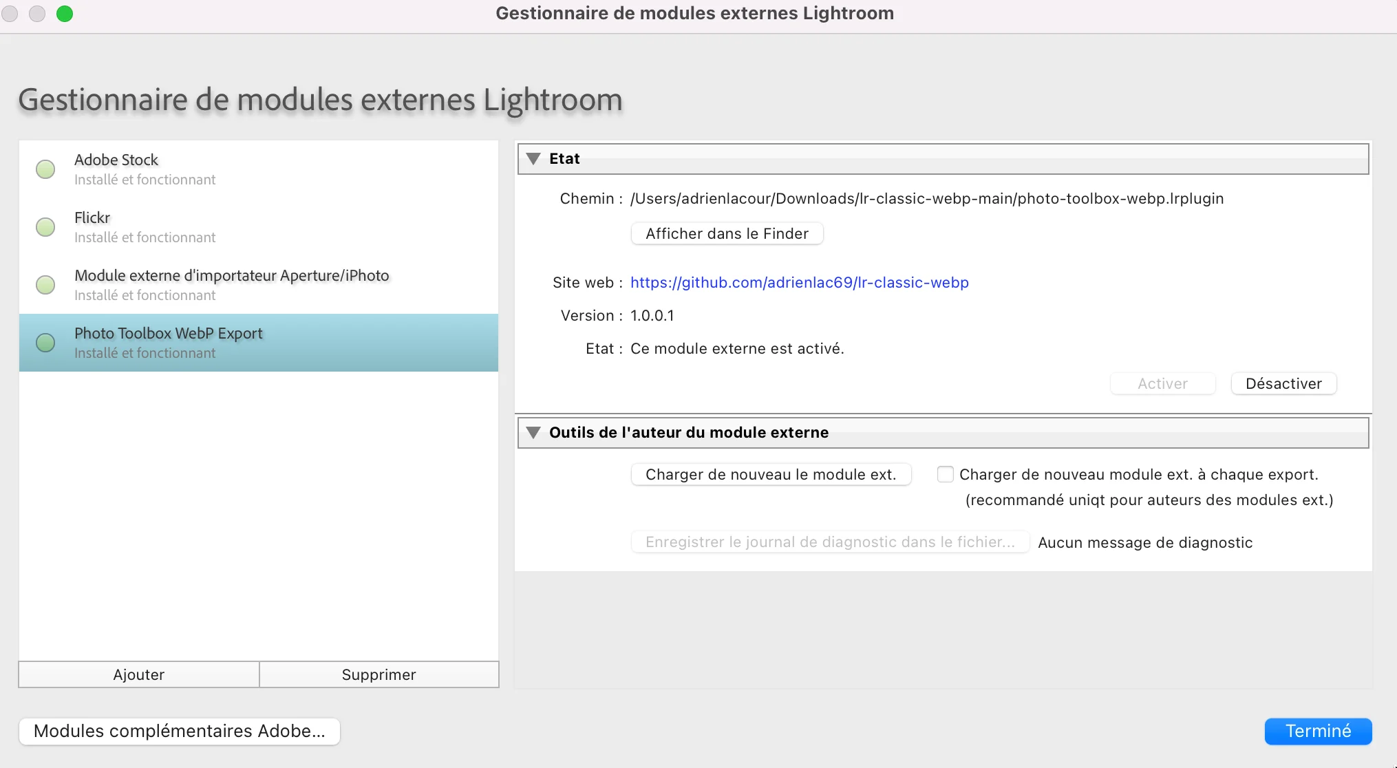 Fenêtre du Gestionnaire de modules externes de Lightroom Classic montrant le plugin Photo Toolbox WebP activé